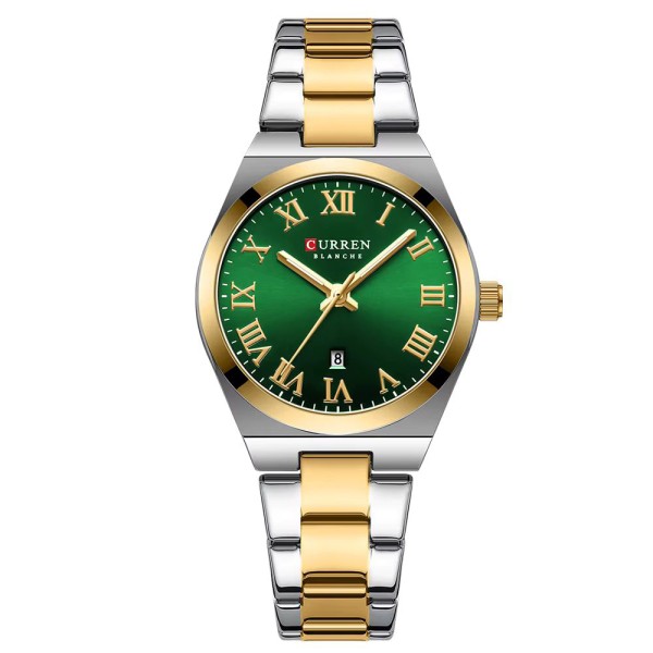 Женские часы Curren 9095 Gold-Silver-Green с металлическим браслетом и зеленым циферблатом