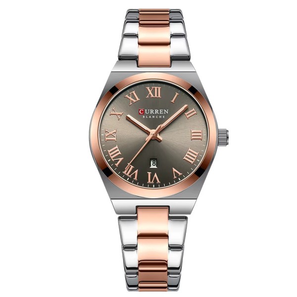 Женские часы Curren 9095 Gold-Silver-Brown с минеральным стеклом и стальным браслетом