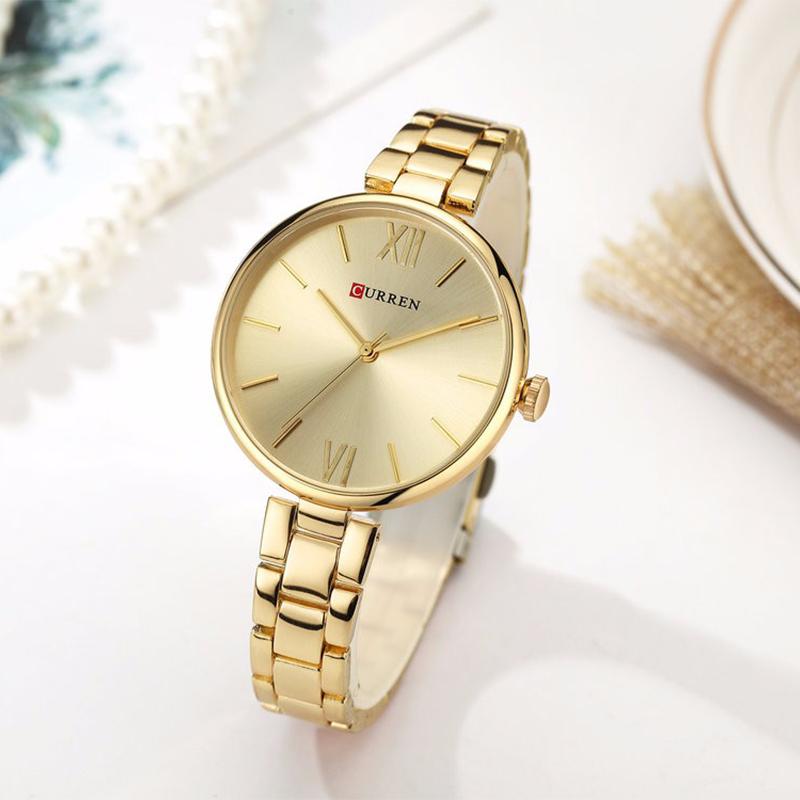 Женские часы Curren 9017 Gold-Gold из нержавеющей стали, золотистый классический браслет
