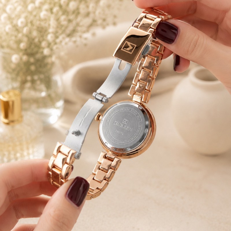 Женские часы Curren 9017 Rose Gold-Blue с минеральным стеклом и стальным корпусом