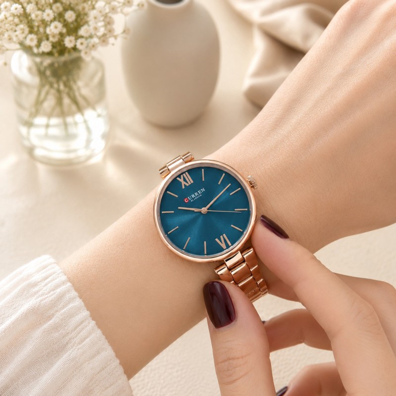 Женские часы Curren 9017 Rose Gold-Blue с минеральным стеклом и стальным корпусом