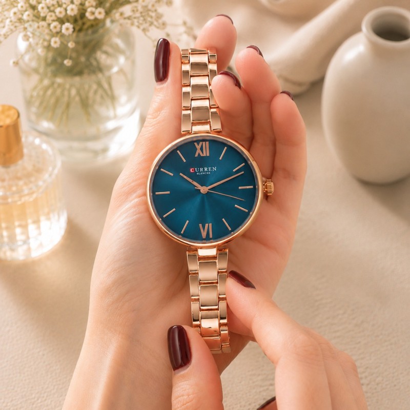 Женские часы Curren 9017 Rose Gold-Blue с минеральным стеклом и стальным корпусом