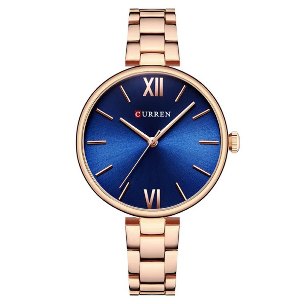 Женские часы Curren 9017 Rose Gold-Blue с минеральным стеклом и стальным корпусом