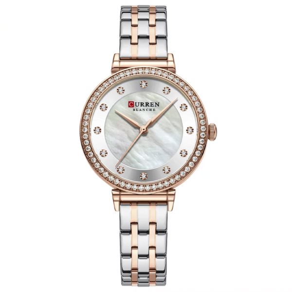 Женские часы Curren 9087 Gold-Silver-White с перламутровым циферблатом и металлическим браслетом