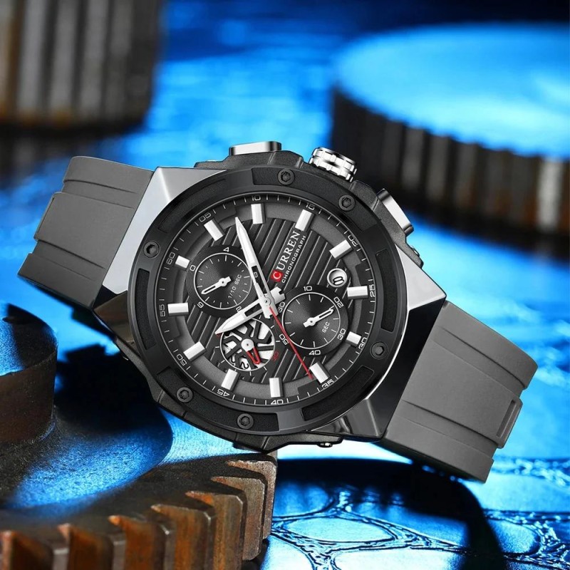 Чоловічий наручний годинник Curren 8462 Silver-Black з хронографом та силіконовим ремінцем