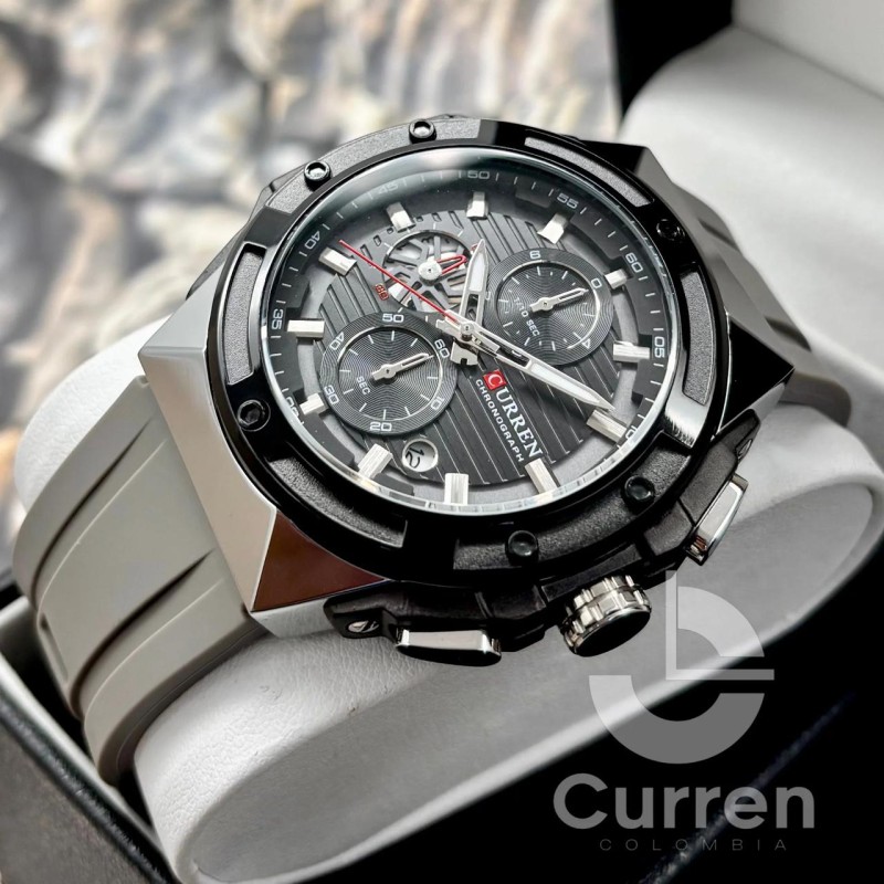 Чоловічий наручний годинник Curren 8462 Silver-Black з хронографом та силіконовим ремінцем