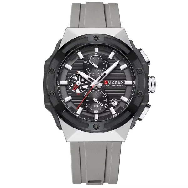 Чоловічий наручний годинник Curren 8462 Silver-Black з хронографом та силіконовим ремінцем