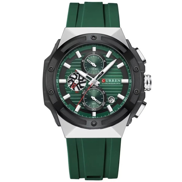 Мужские наручные часы Curren 8462 Silver-Green со спортивным хронографом и силиконовым ремешком