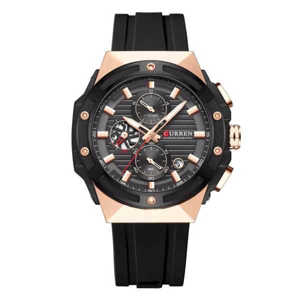 Мужские часы Curren 8462 Rose Gold-Black с хронографом и силиконовым ремешком