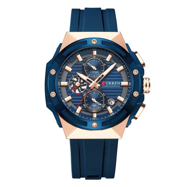 Мужские наручные часы Curren 8462 Rose Gold-Blue с хронографом и силиконовым ремешком