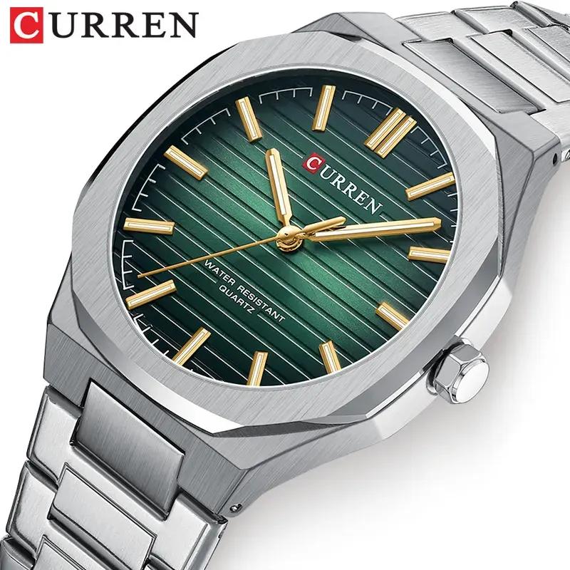 Мужские наручные часы Curren 8456 Silver-Green в классическом стиле с серебристым браслетом