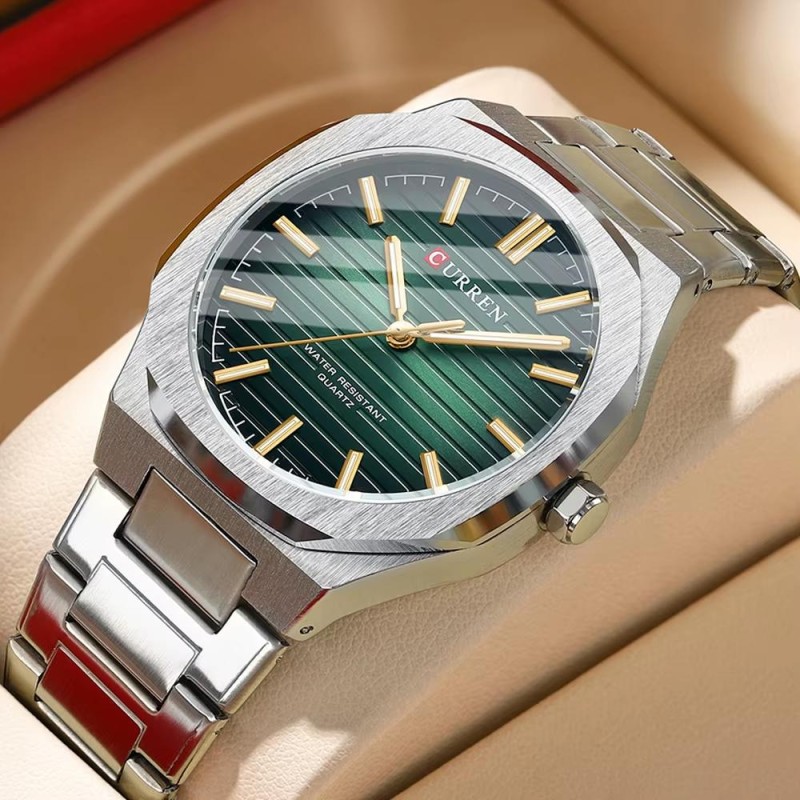 Мужские наручные часы Curren 8456 Silver-Green в классическом стиле с серебристым браслетом