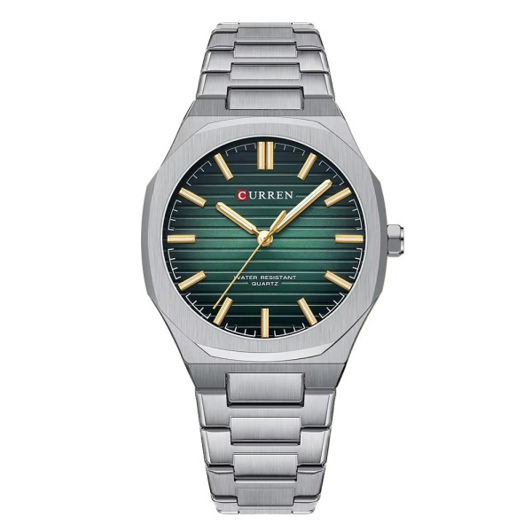 Мужские наручные часы Curren 8456 Silver-Green в классическом стиле с серебристым браслетом