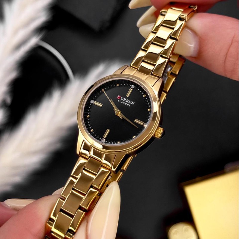 Женские часы Curren 9094 Gold-Black с металлическим браслетом и минеральным стеклом