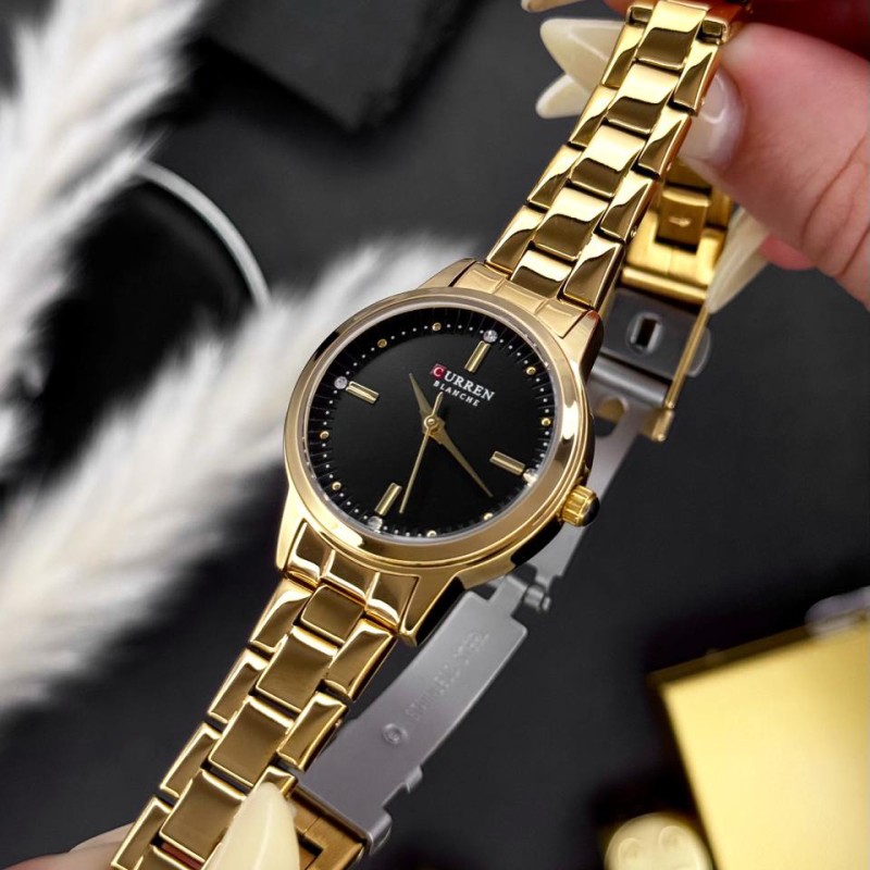 Женские часы Curren 9094 Gold-Black с металлическим браслетом и минеральным стеклом