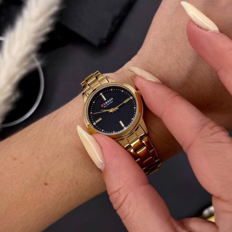 Женские часы Curren 9094 Gold-Black с металлическим браслетом и минеральным стеклом