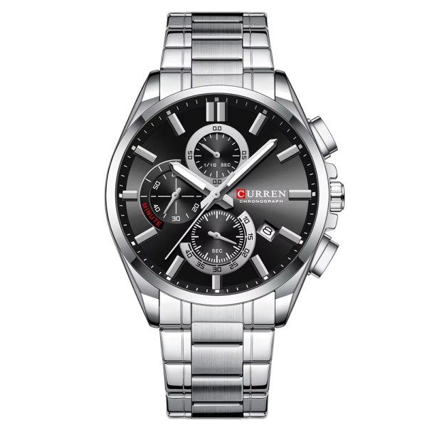 Мужские часы Curren 8475 Silver-Black с хронографом и стальным браслетом