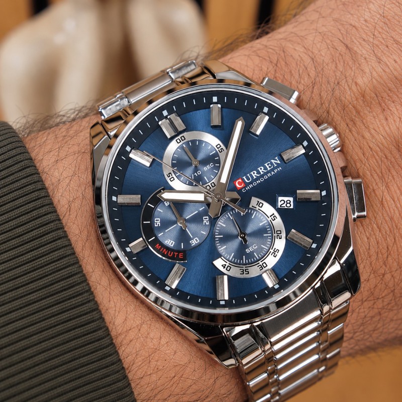 Мужские наручные часы Curren 8475 Silver-Blue с хронографом и календарем