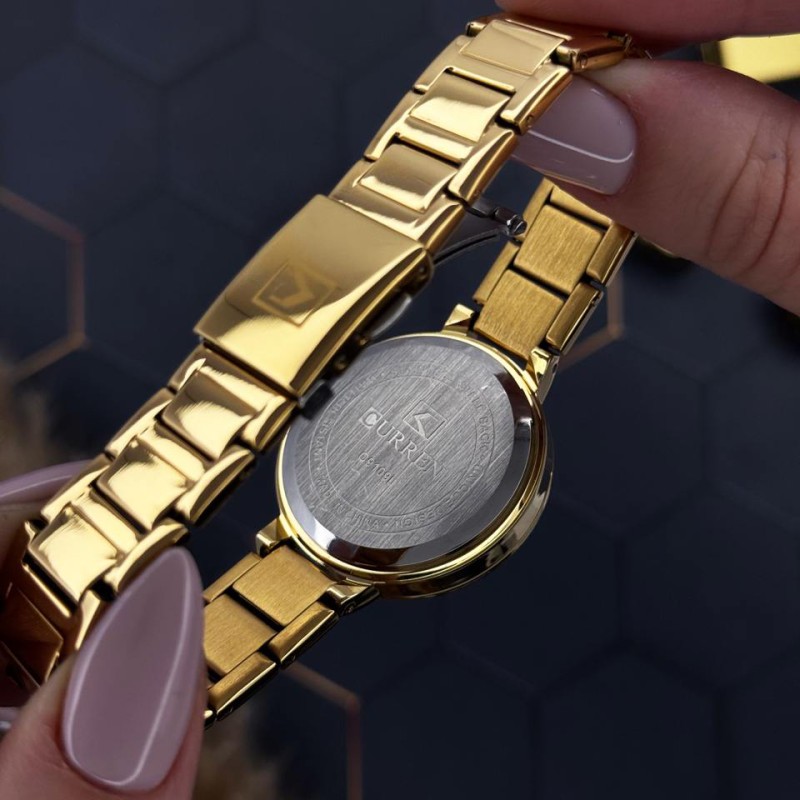 Жіночий годинник Curren 9109 Gold-Black із золотистим металевим браслетом та чорним циферблатом