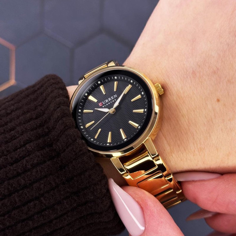 Жіночий годинник Curren 9109 Gold-Black із золотистим металевим браслетом та чорним циферблатом