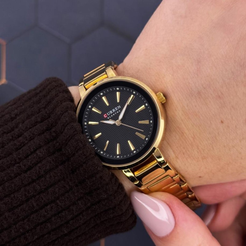 Жіночий годинник Curren 9109 Gold-Black із золотистим металевим браслетом та чорним циферблатом