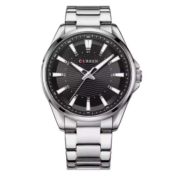 Мужские классические часы Curren 8424 Silver-Black с серебристым металлическим браслетом