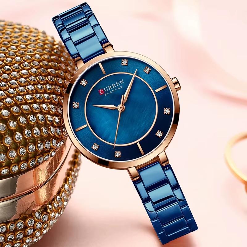 Женские часы Curren 9051 Rose Gold-Blue с перламутровым циферблатом и металлическим браслетом