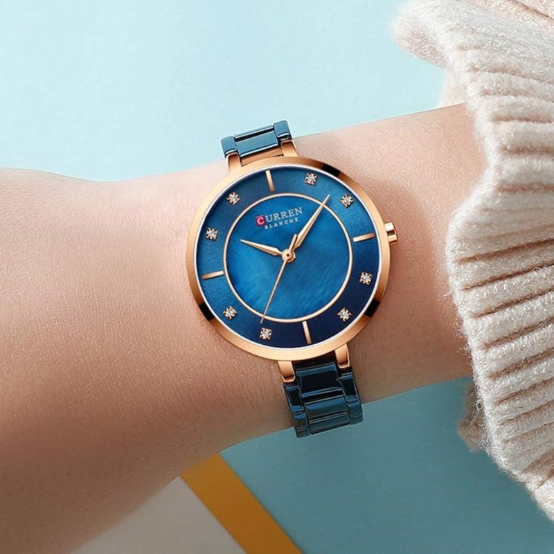 Женские часы Curren 9051 Rose Gold-Blue с перламутровым циферблатом и металлическим браслетом