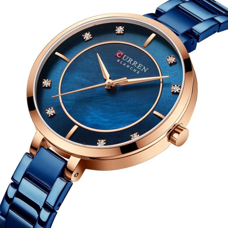 Женские часы Curren 9051 Rose Gold-Blue с перламутровым циферблатом и металлическим браслетом