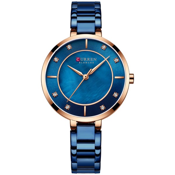 Женские часы Curren 9051 Rose Gold-Blue с перламутровым циферблатом и металлическим браслетом
