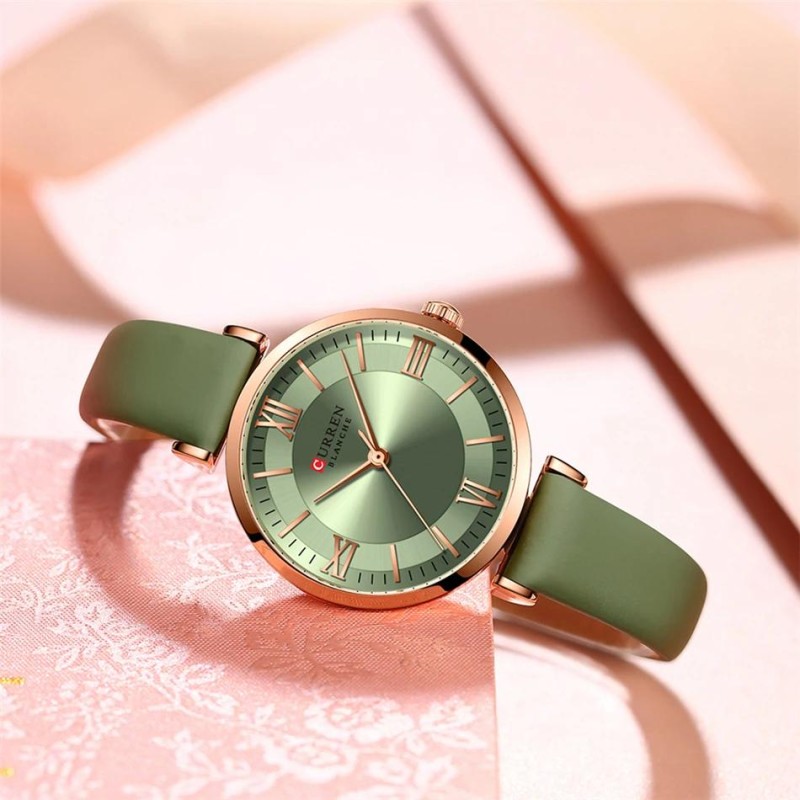 Женские часы Curren 9079 Rose Gold-Light Green с минеральным стеклом и зеленым ремешком