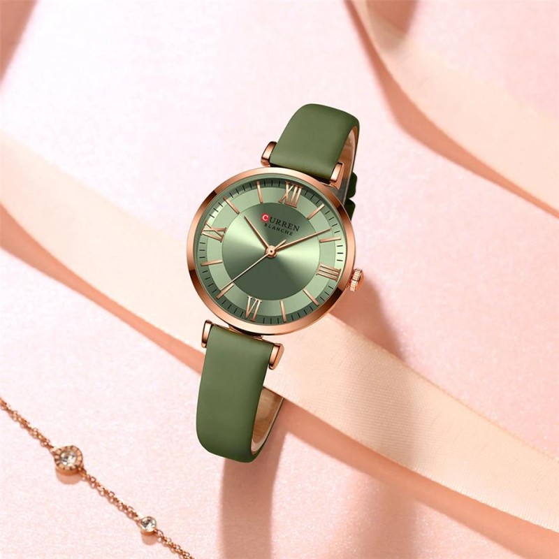 Женские часы Curren 9079 Rose Gold-Light Green с минеральным стеклом и зеленым ремешком