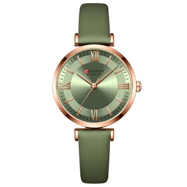 Женские часы Curren 9079 Rose Gold-Light Green с минеральным стеклом и зеленым ремешком
