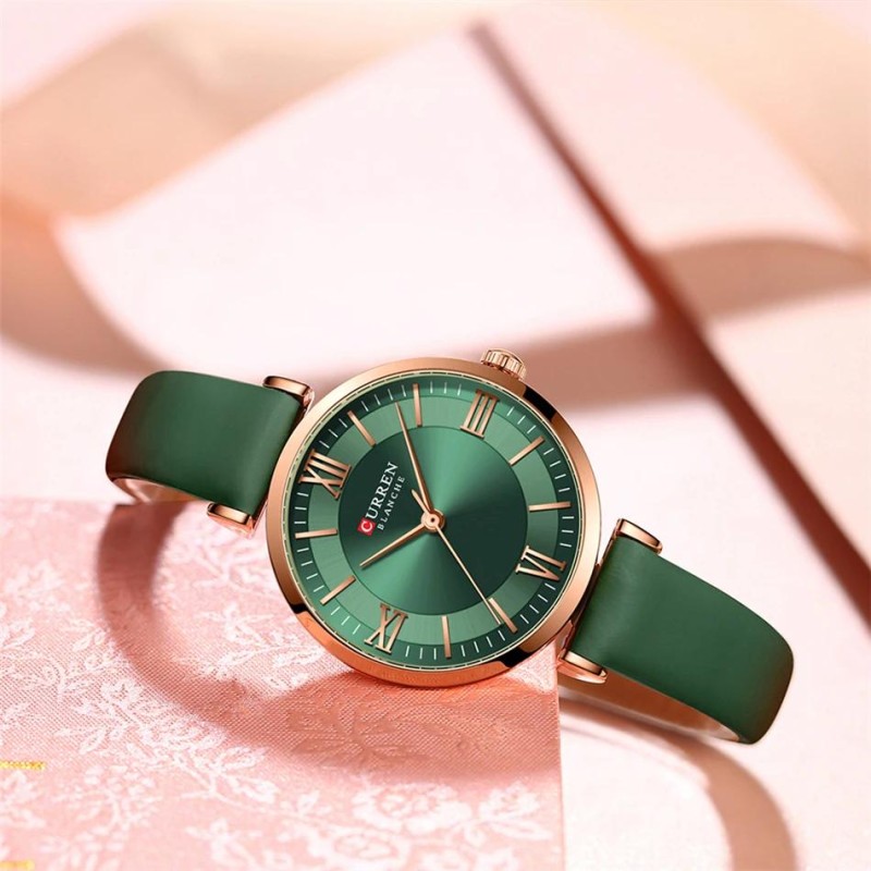 Жіночий годинник Curren 9079 Rose Gold-Dark Green з мінеральним склом та зеленим ремінцем
