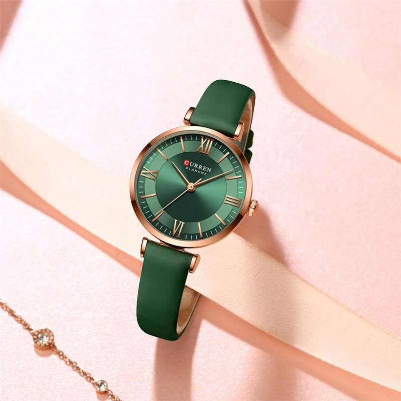 Жіночий годинник Curren 9079 Rose Gold-Dark Green з мінеральним склом та зеленим ремінцем