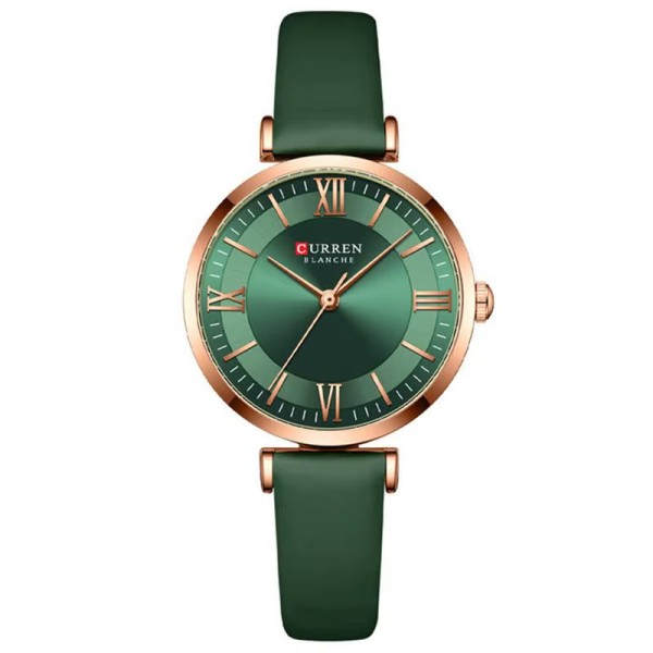 Жіночий годинник Curren 9079 Rose Gold-Dark Green з мінеральним склом та зеленим ремінцем