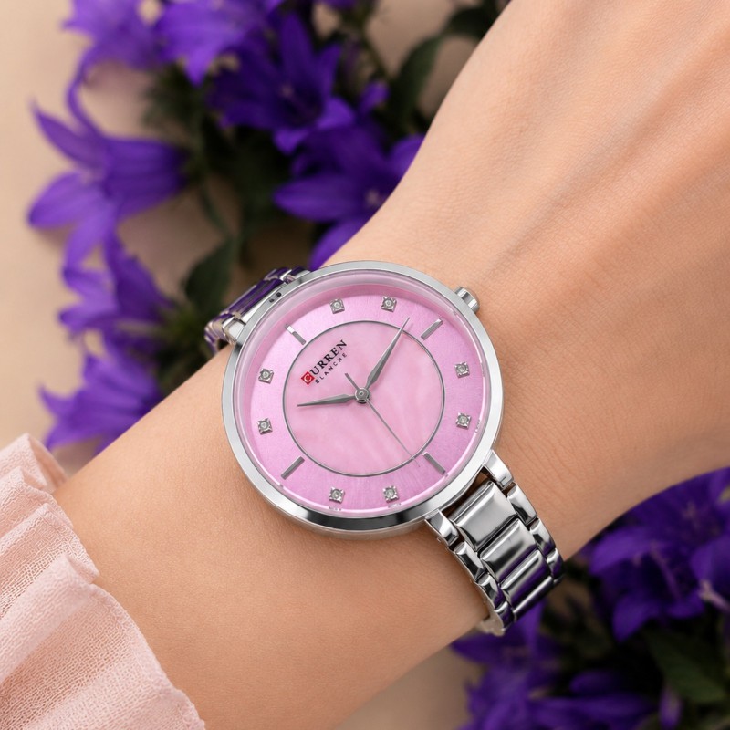 Женские часы Curren 9051 Silver-Pink с серебристым браслетом и розовым циферблатом
