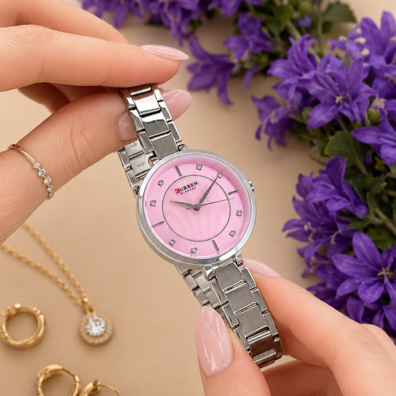 Женские часы Curren 9051 Silver-Pink с серебристым браслетом и розовым циферблатом