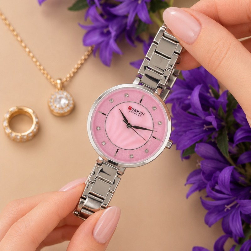 Женские часы Curren 9051 Silver-Pink с серебристым браслетом и розовым циферблатом