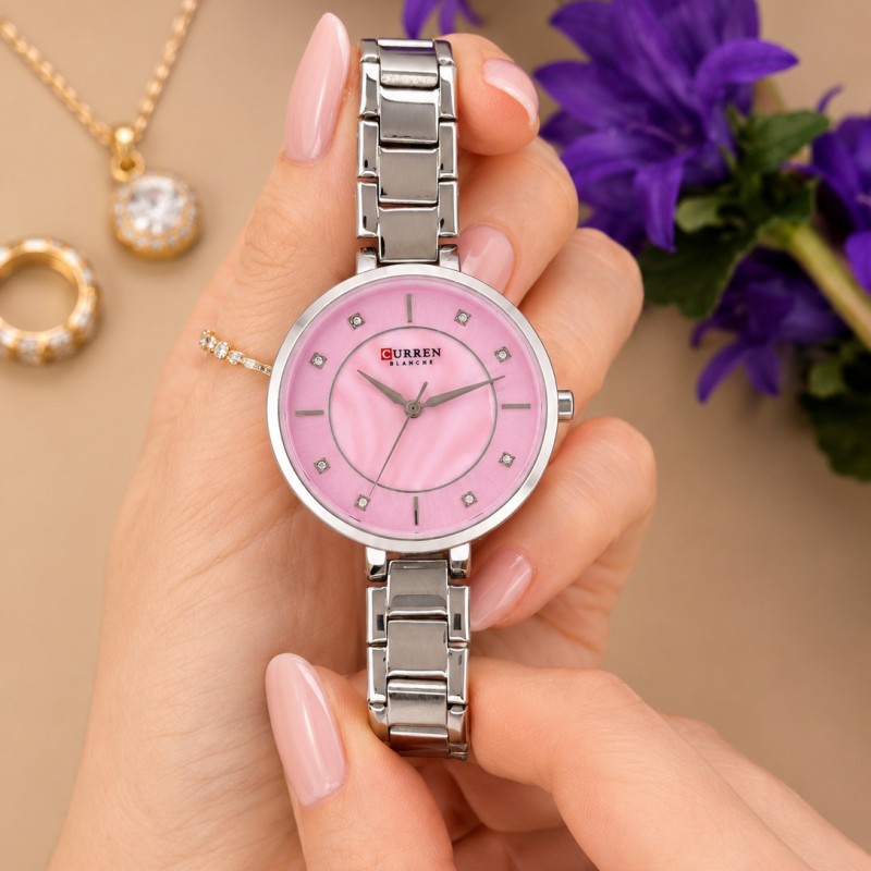 Женские часы Curren 9051 Silver-Pink с серебристым браслетом и розовым циферблатом