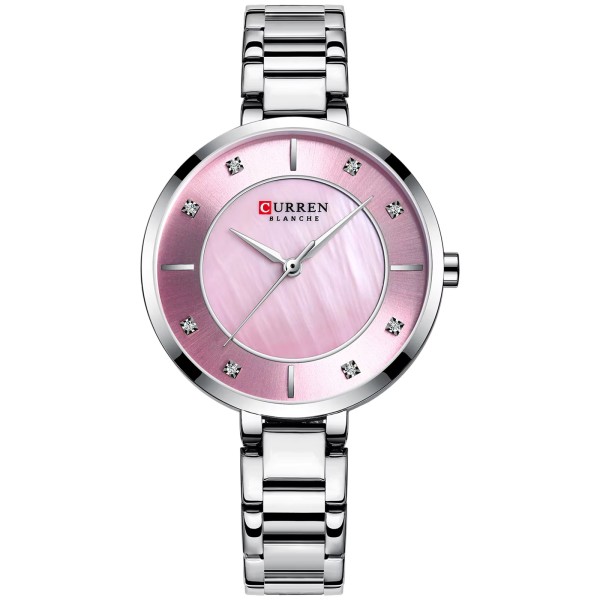 Женские часы Curren 9051 Silver-Pink с серебристым браслетом и розовым циферблатом