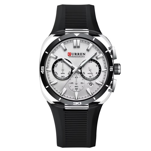 Чоловічий годинник Curren 8502 Black-Silver-White з хронографом та силіконовим ремінцем