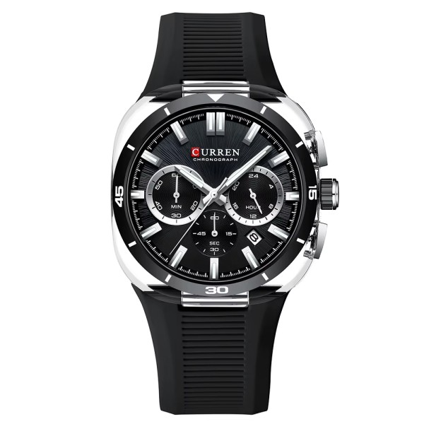 Чоловічий годинник Curren 8502 Black-Silver з хронографом та силіконовим ремінцем