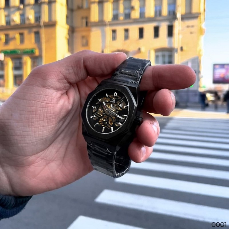 Мужские механические часы Gusto Skeleton Black-Gold с автоподзаводом и прозрачным циферблатом