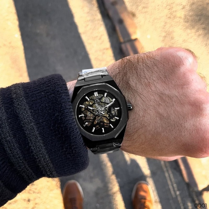 Мужские механические часы Gusto Skeleton Black-Gold с автоподзаводом и прозрачным циферблатом