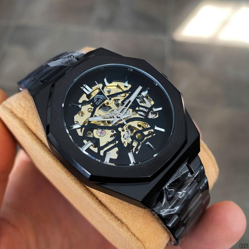 Мужские механические часы Gusto Skeleton Black-Gold с автоподзаводом и прозрачным циферблатом