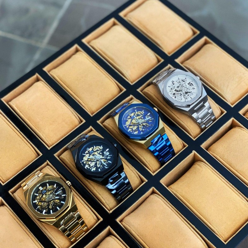Мужские механические часы Gusto Skeleton Black-Gold с автоподзаводом и прозрачным циферблатом
