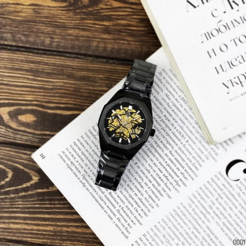 Мужские механические часы Gusto Skeleton Black-Gold с автоподзаводом и прозрачным циферблатом