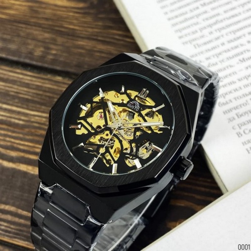 Мужские механические часы Gusto Skeleton Black-Gold с автоподзаводом и прозрачным циферблатом