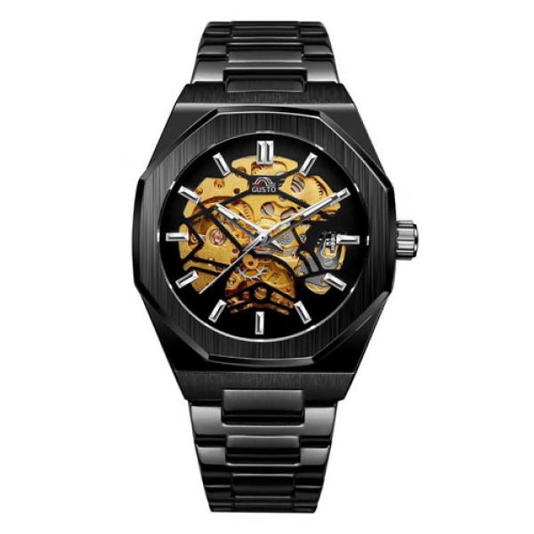 Мужские механические часы Gusto Skeleton Black-Gold с автоподзаводом и прозрачным циферблатом